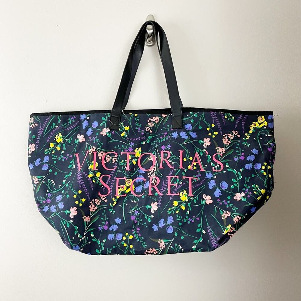 Victorias Secret Tote Bag Large Floral Flower Navy Blue Zippered Canvas Beach